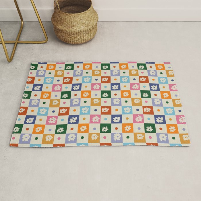 Retro floral checkerboard Rug Gallery Image 1