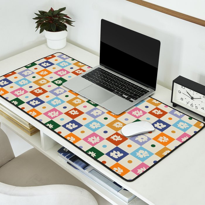 Retro floral checkerboard Desk Mat Gallery Image 2