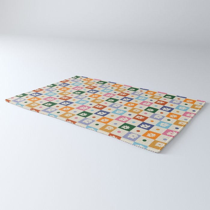 Retro floral checkerboard Rug Gallery Image 3