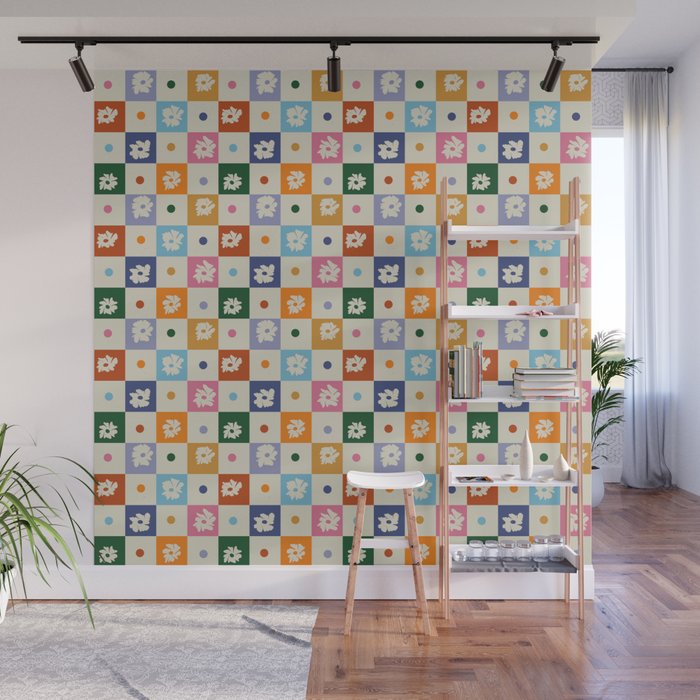 Retro floral checkerboard Wall Mural Gallery Image 1