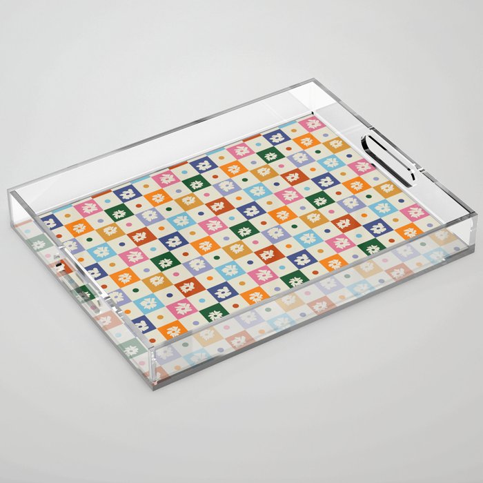 Retro floral checkerboard Acrylic Tray Gallery Image 1