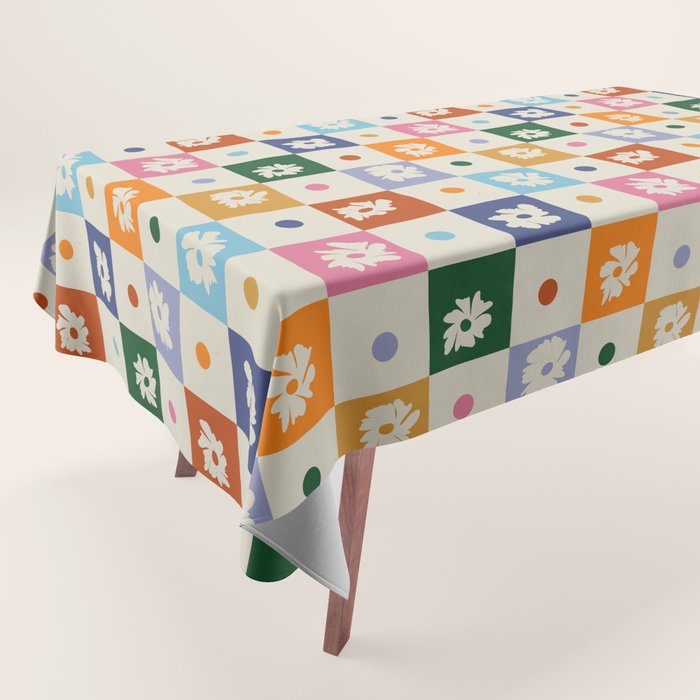 Retro floral checkerboard Tablecloth Gallery Image 1