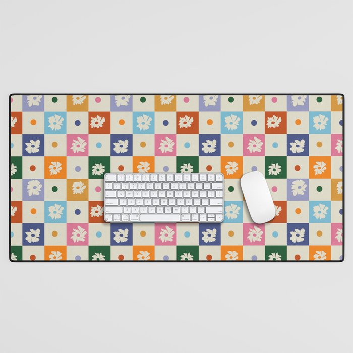 Retro floral checkerboard Desk Mat Gallery Image 1