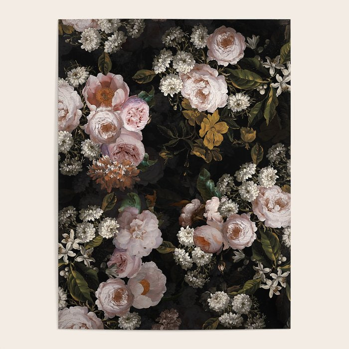 Antique Botanical Roses And  Chamomile Midnight Garden Poster Gallery Image 4
