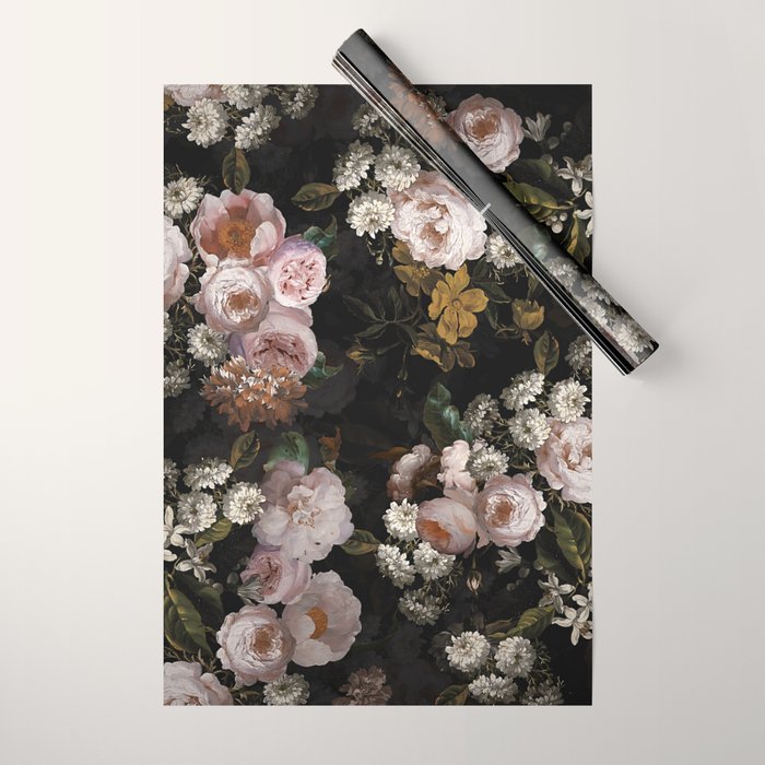 Antique Botanical Roses And  Chamomile Midnight Garden Wrapping Paper Gallery Image 1