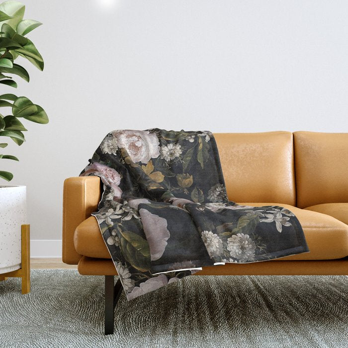 Antique Botanical Roses And  Chamomile Midnight Garden Throw Blanket Gallery Image 1