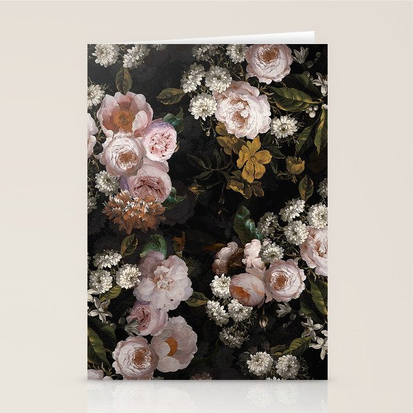 Antique Botanical Roses And  Chamomile Midnight Garden Stationery Card Gallery Image 1