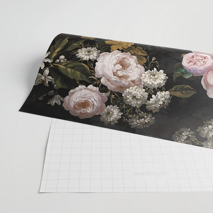 Antique Botanical Roses And  Chamomile Midnight Garden Wrapping Paper Gallery Image 2