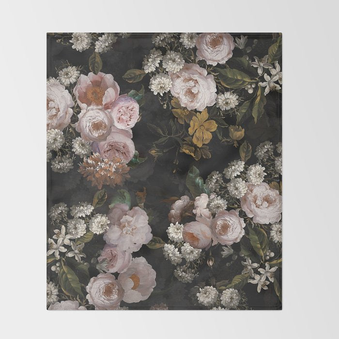 Antique Botanical Roses And  Chamomile Midnight Garden Throw Blanket Gallery Image 2