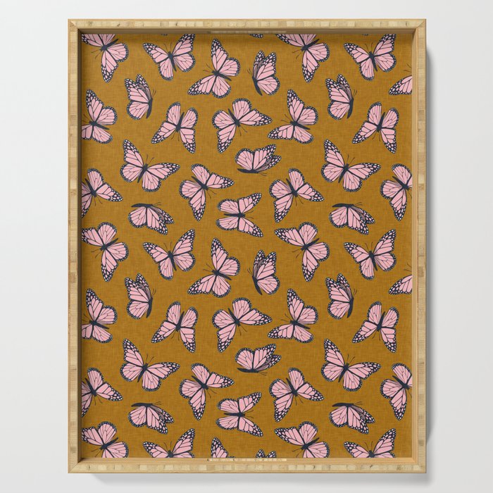 monarch butterflies - pink on ginger Serving Tray Gallery Image 1