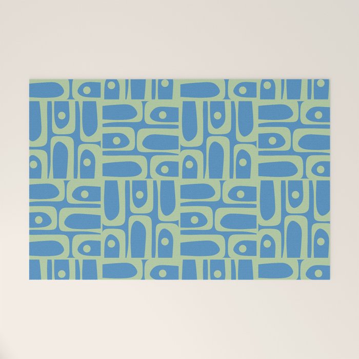 Mid Century Modern Piquet Abstract Multi Geometric Pattern Blue and Light Spring Green Welcome Mat Gallery Image 1