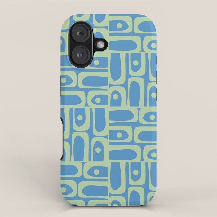Mid Century Modern Piquet Abstract Multi Geometric Pattern Blue and Light Spring Green iPhone Case Gallery Image 1