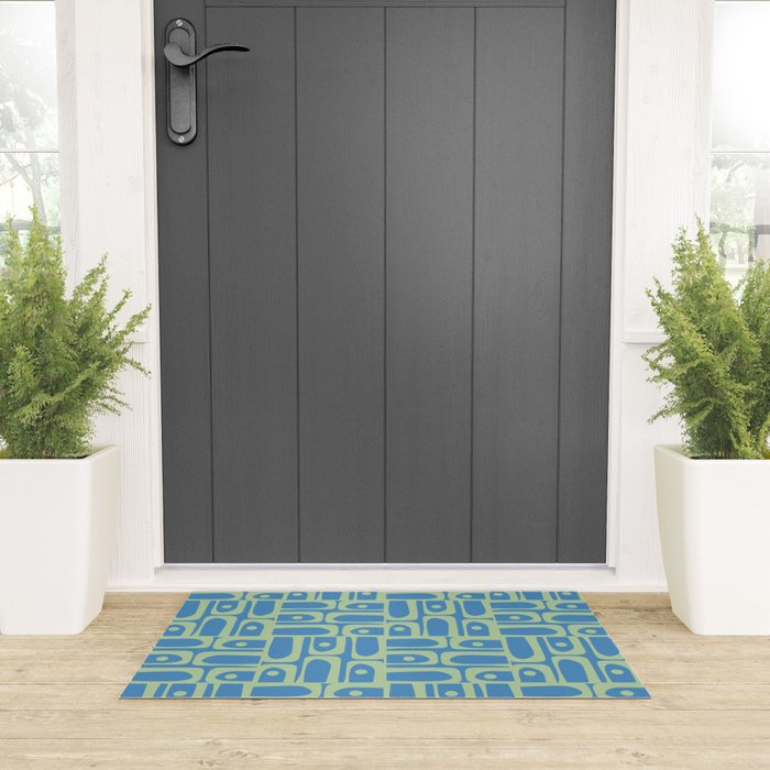 Mid Century Modern Piquet Abstract Multi Geometric Pattern Blue and Light Spring Green Welcome Mat Gallery Image 3
