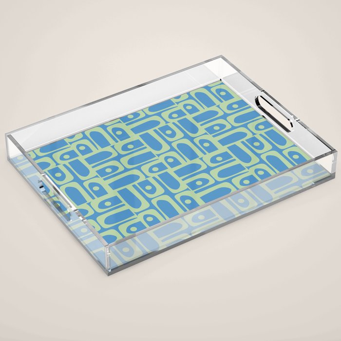 Mid Century Modern Piquet Abstract Multi Geometric Pattern Blue and Light Spring Green Acrylic Tray Gallery Image 1