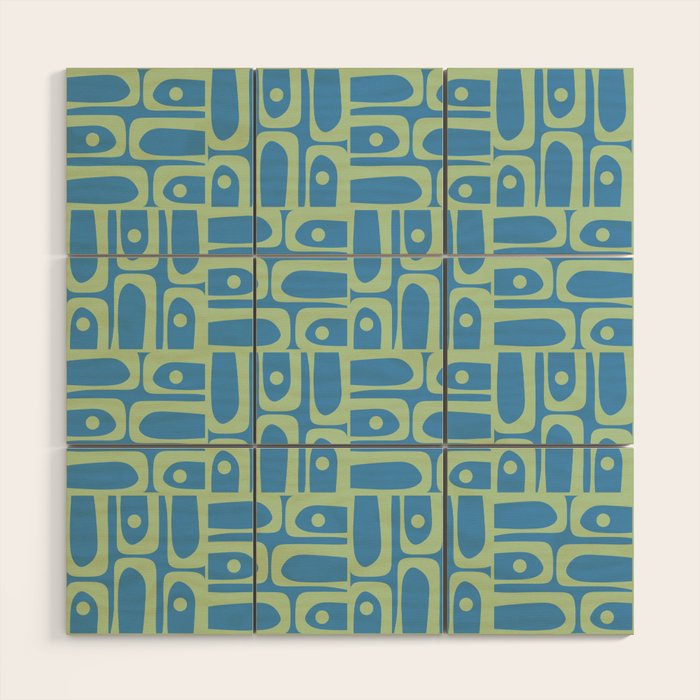 Mid Century Modern Piquet Abstract Multi Geometric Pattern Blue and Light Spring Green Wood Wall Art Gallery Image 1