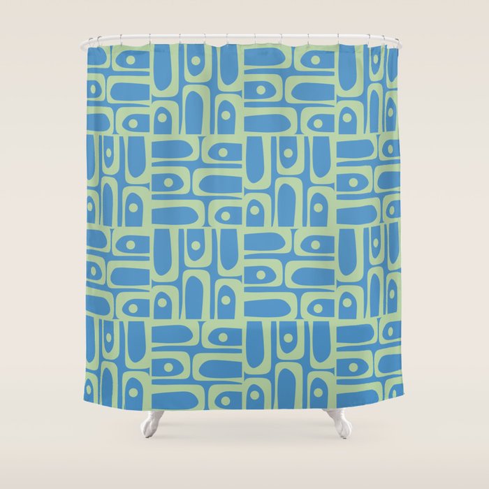Mid Century Modern Piquet Abstract Multi Geometric Pattern Blue and Light Spring Green Shower Curtain Gallery Image 1