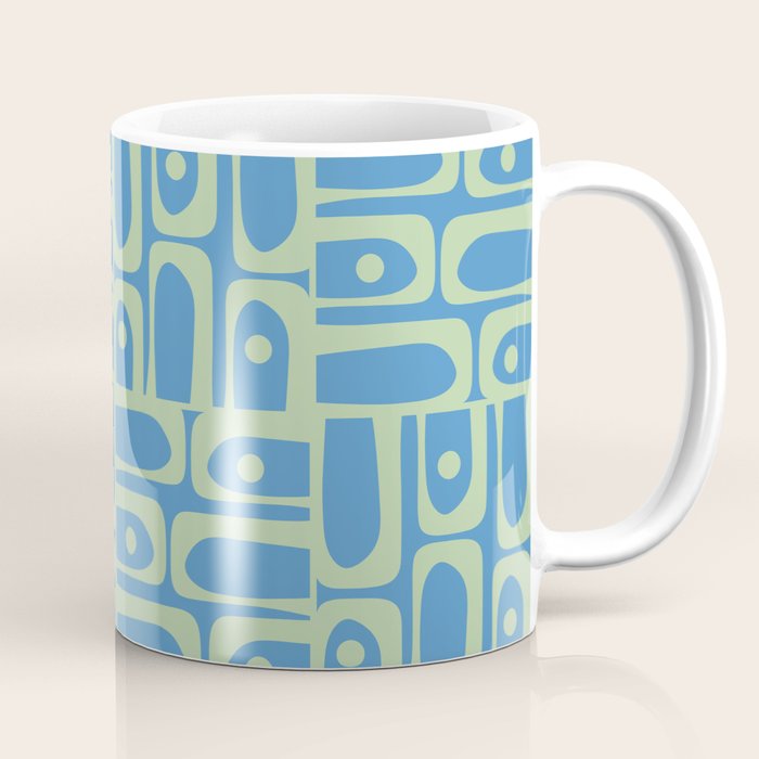 Mid Century Modern Piquet Abstract Multi Geometric Pattern Blue and Light Spring Green Coffee Mug Gallery Image 1