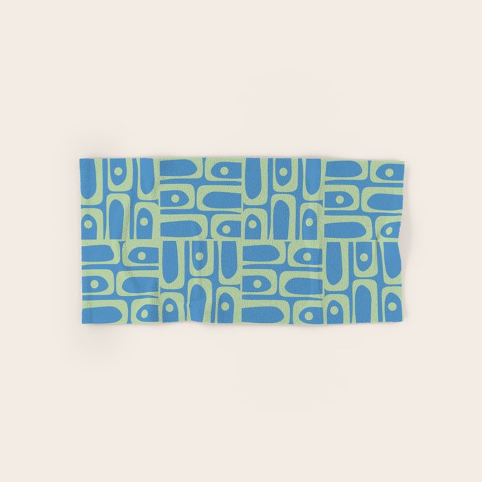 Mid Century Modern Piquet Abstract Multi Geometric Pattern Blue and Light Spring Green Bath Towel Gallery Image 1