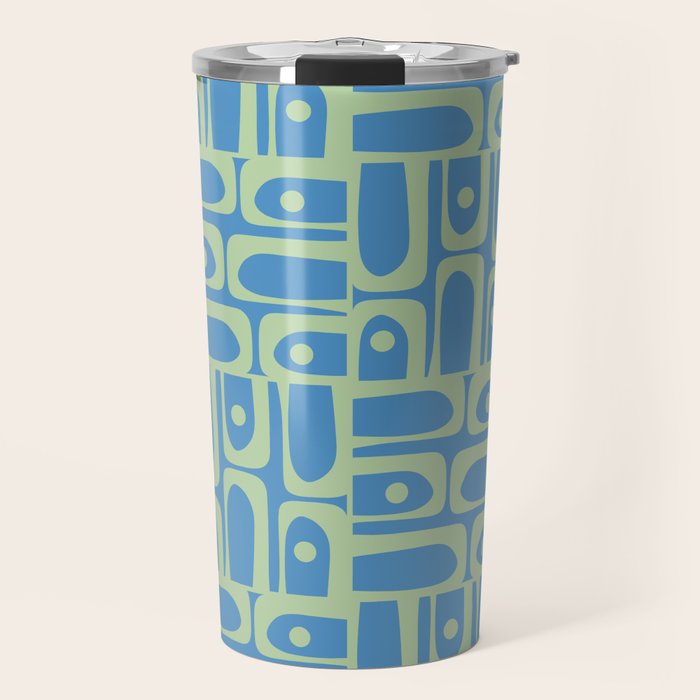 Mid Century Modern Piquet Abstract Multi Geometric Pattern Blue and Light Spring Green Travel Mug Gallery Image 1