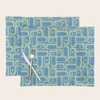Mid Century Modern Piquet Abstract Multi Geometric Pattern Blue and Light Spring Green Placemat Gallery Image 1