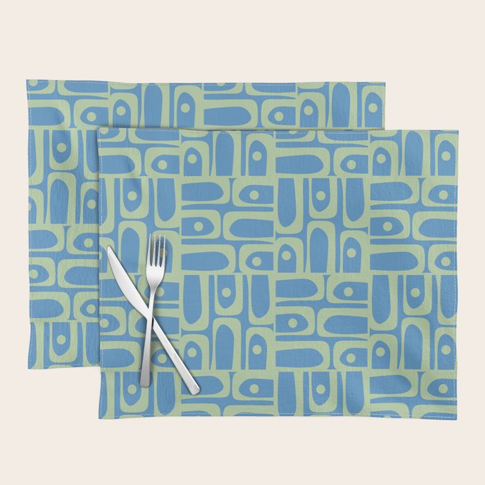 Mid Century Modern Piquet Abstract Multi Geometric Pattern Blue and Light Spring Green Placemat Gallery Image 1