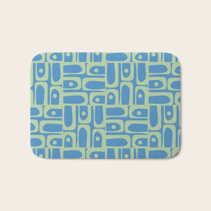 Mid Century Modern Piquet Abstract Multi Geometric Pattern Blue and Light Spring Green Bath Mat Gallery Image 1