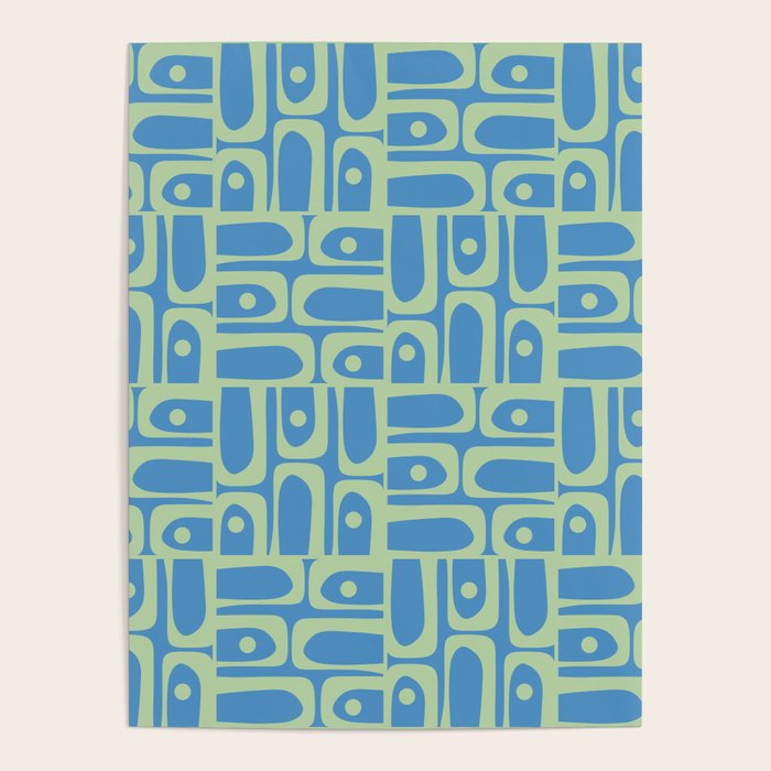 Mid Century Modern Piquet Abstract Multi Geometric Pattern Blue and Light Spring Green Poster Gallery Image 4