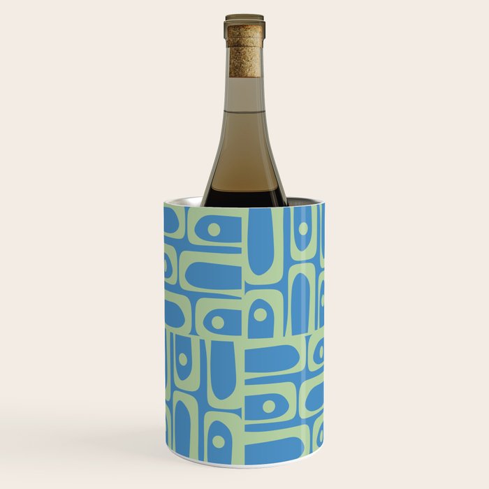 Mid Century Modern Piquet Abstract Multi Geometric Pattern Blue and Light Spring Green Wine Chiller Gallery Image 1