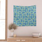 Mid Century Modern Piquet Abstract Multi Geometric Pattern Blue and Light Spring Green Wall Tapestry Gallery Image 2