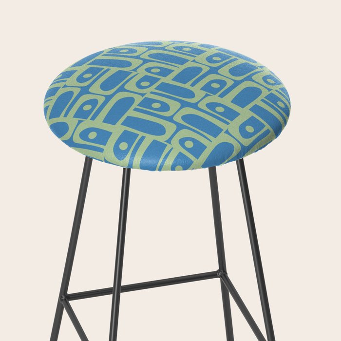 Mid Century Modern Piquet Abstract Multi Geometric Pattern Blue and Light Spring Green Stool Gallery Image 2