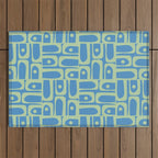 Mid Century Modern Piquet Abstract Multi Geometric Pattern Blue and Light Spring Green Outdoor Rug Gallery Image 1