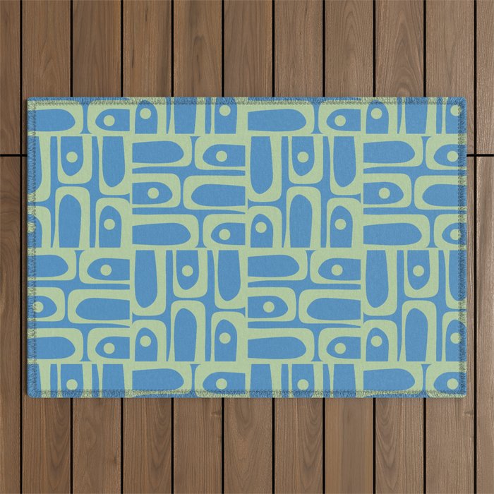Mid Century Modern Piquet Abstract Multi Geometric Pattern Blue and Light Spring Green Outdoor Rug Gallery Image 1