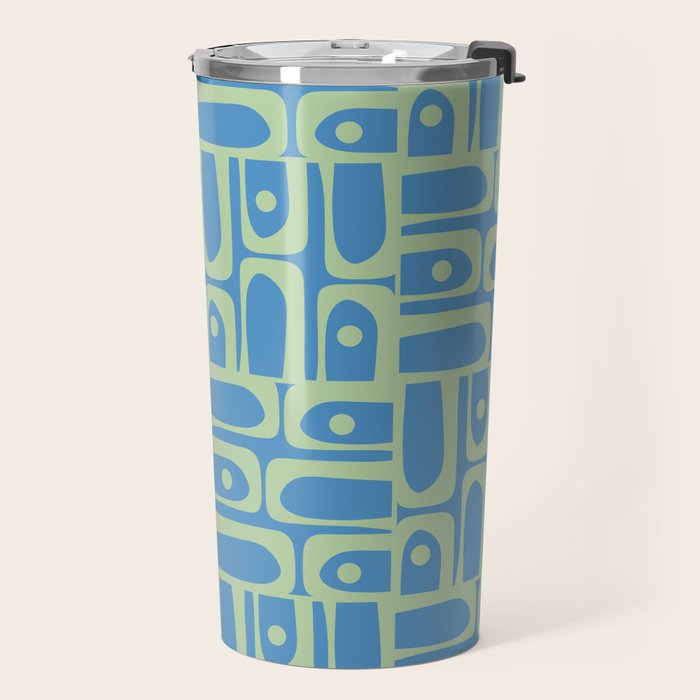 Mid Century Modern Piquet Abstract Multi Geometric Pattern Blue and Light Spring Green Travel Mug Gallery Image 2