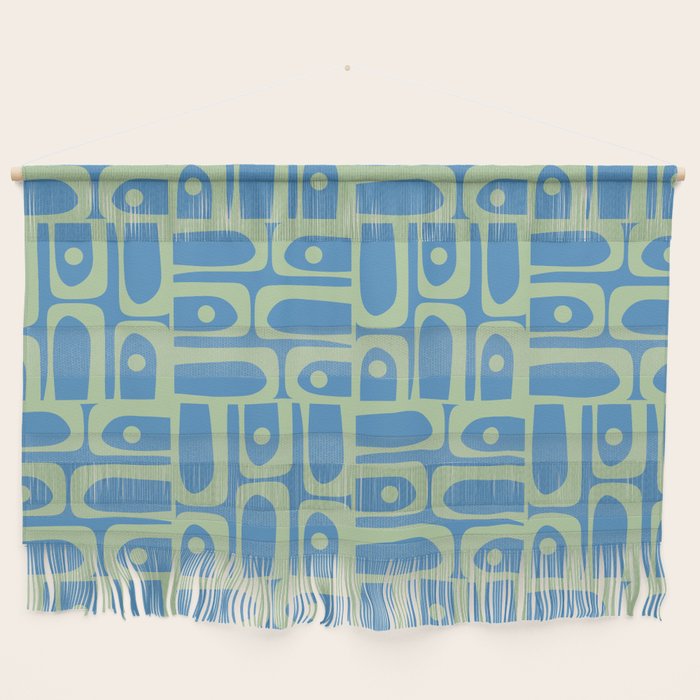 Mid Century Modern Piquet Abstract Multi Geometric Pattern Blue and Light Spring Green Wall Hanging Gallery Image 1