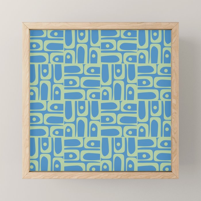 Mid Century Modern Piquet Abstract Multi Geometric Pattern Blue and Light Spring Green Mini Art Print Gallery Image 1