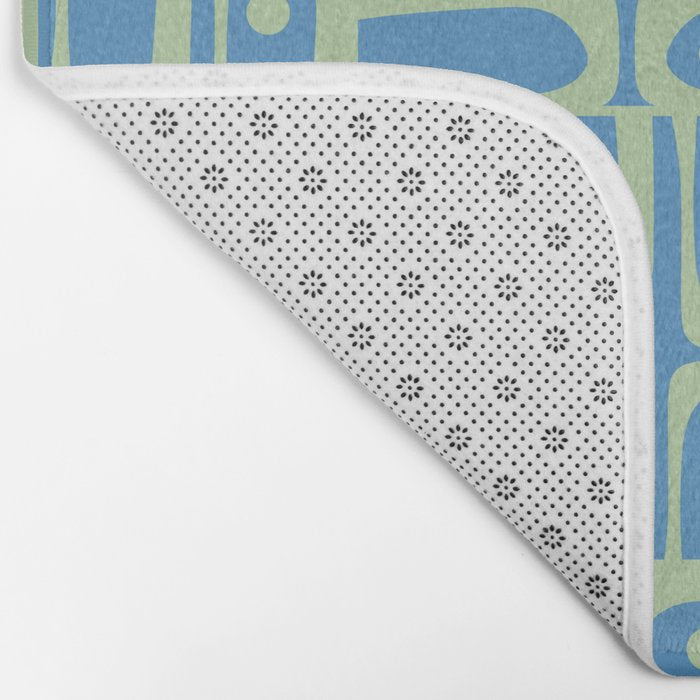 Mid Century Modern Piquet Abstract Multi Geometric Pattern Blue and Light Spring Green Bath Mat Gallery Image 2