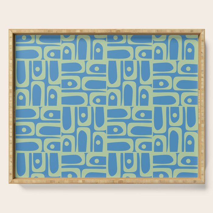 Mid Century Modern Piquet Abstract Multi Geometric Pattern Blue and Light Spring Green Serving Tray Gallery Image 1