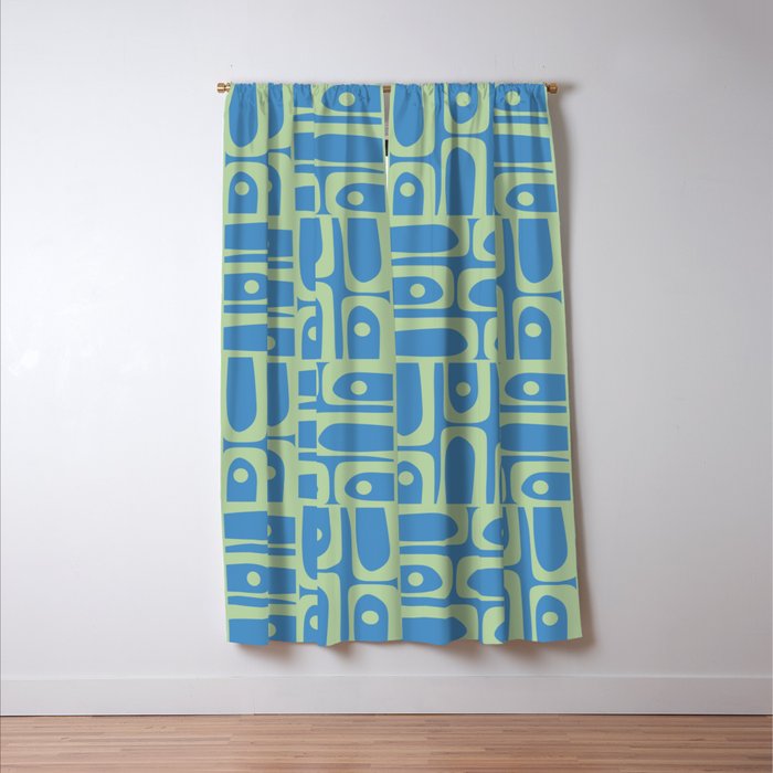 Mid Century Modern Piquet Abstract Multi Geometric Pattern Blue and Light Spring Green Window Curtain Gallery Image 3
