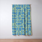 Mid Century Modern Piquet Abstract Multi Geometric Pattern Blue and Light Spring Green Window Curtain Gallery Image 3