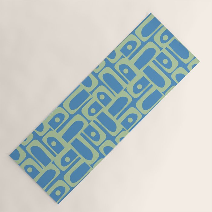 Mid Century Modern Piquet Abstract Multi Geometric Pattern Blue and Light Spring Green Yoga Mat Gallery Image 1