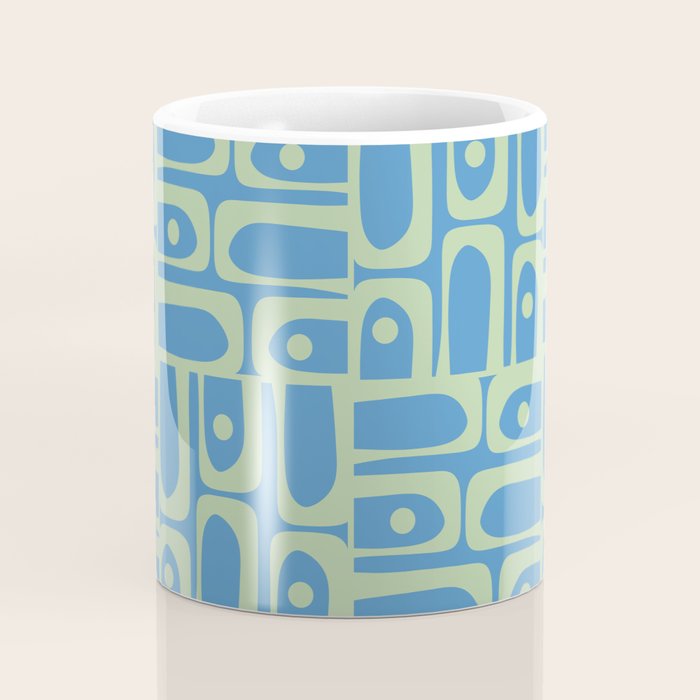Mid Century Modern Piquet Abstract Multi Geometric Pattern Blue and Light Spring Green Coffee Mug Gallery Image 4