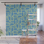Mid Century Modern Piquet Abstract Multi Geometric Pattern Blue and Light Spring Green Wall Mural Gallery Image 1