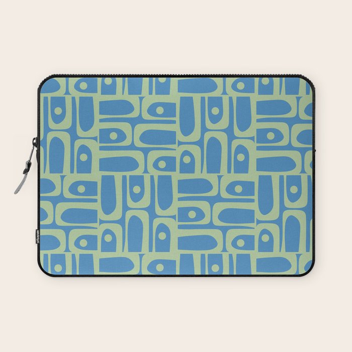 Mid Century Modern Piquet Abstract Multi Geometric Pattern Blue and Light Spring Green Laptop Sleeve Gallery Image 1