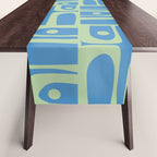 Mid Century Modern Piquet Abstract Multi Geometric Pattern Blue and Light Spring Green Table Runner Gallery Image 1