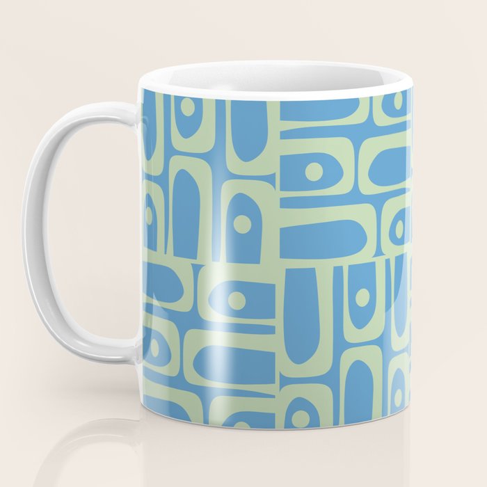 Mid Century Modern Piquet Abstract Multi Geometric Pattern Blue and Light Spring Green Coffee Mug Gallery Image 3
