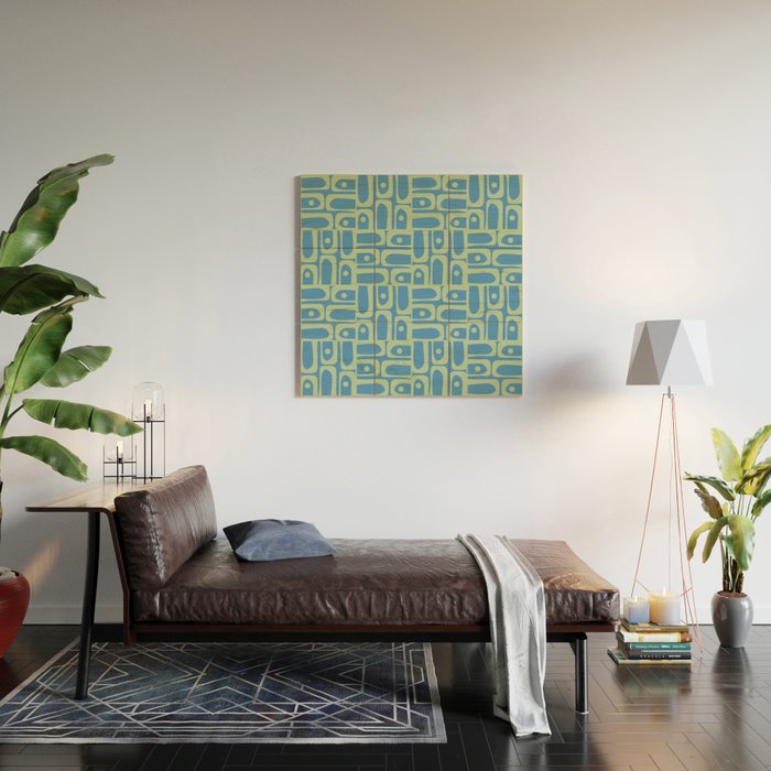 Mid Century Modern Piquet Abstract Multi Geometric Pattern Blue and Light Spring Green Wood Wall Art Gallery Image 2