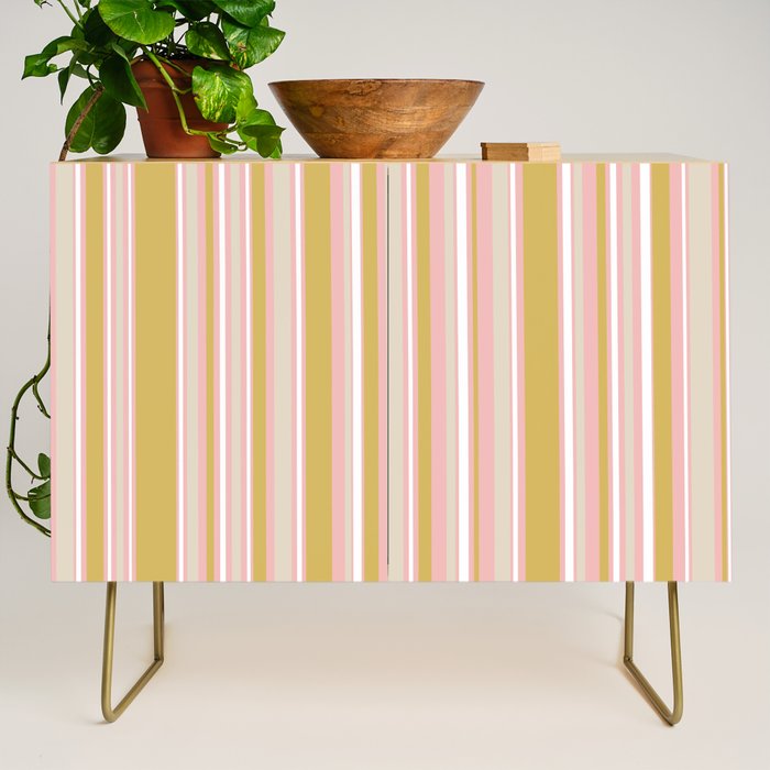 Splendid Stripes - Retro Modern Stripe Pattern in Gold, Pink, White, and Mushroom Credenza Gallery Image 1