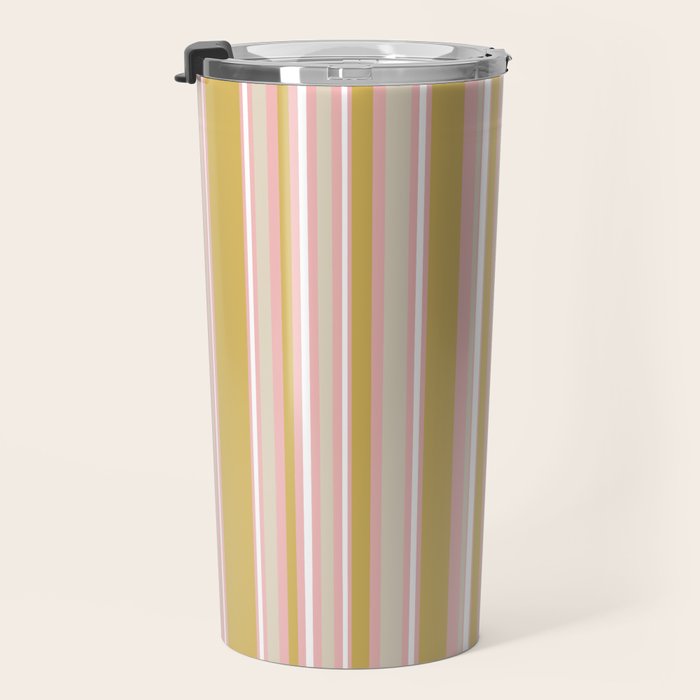 Splendid Stripes - Retro Modern Stripe Pattern in Gold, Pink, White, and Mushroom Travel Mug Gallery Image 3