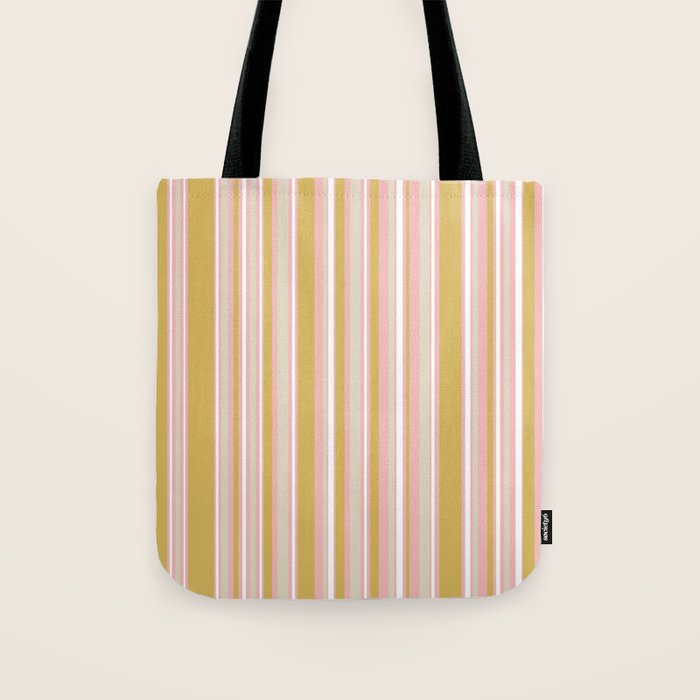 Splendid Stripes - Retro Modern Stripe Pattern in Gold, Pink, White, and Mushroom Tote Bag Gallery Image 1