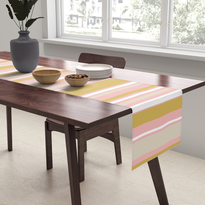 Splendid Stripes - Retro Modern Stripe Pattern in Gold, Pink, White, and Mushroom Table Runner Gallery Image 2